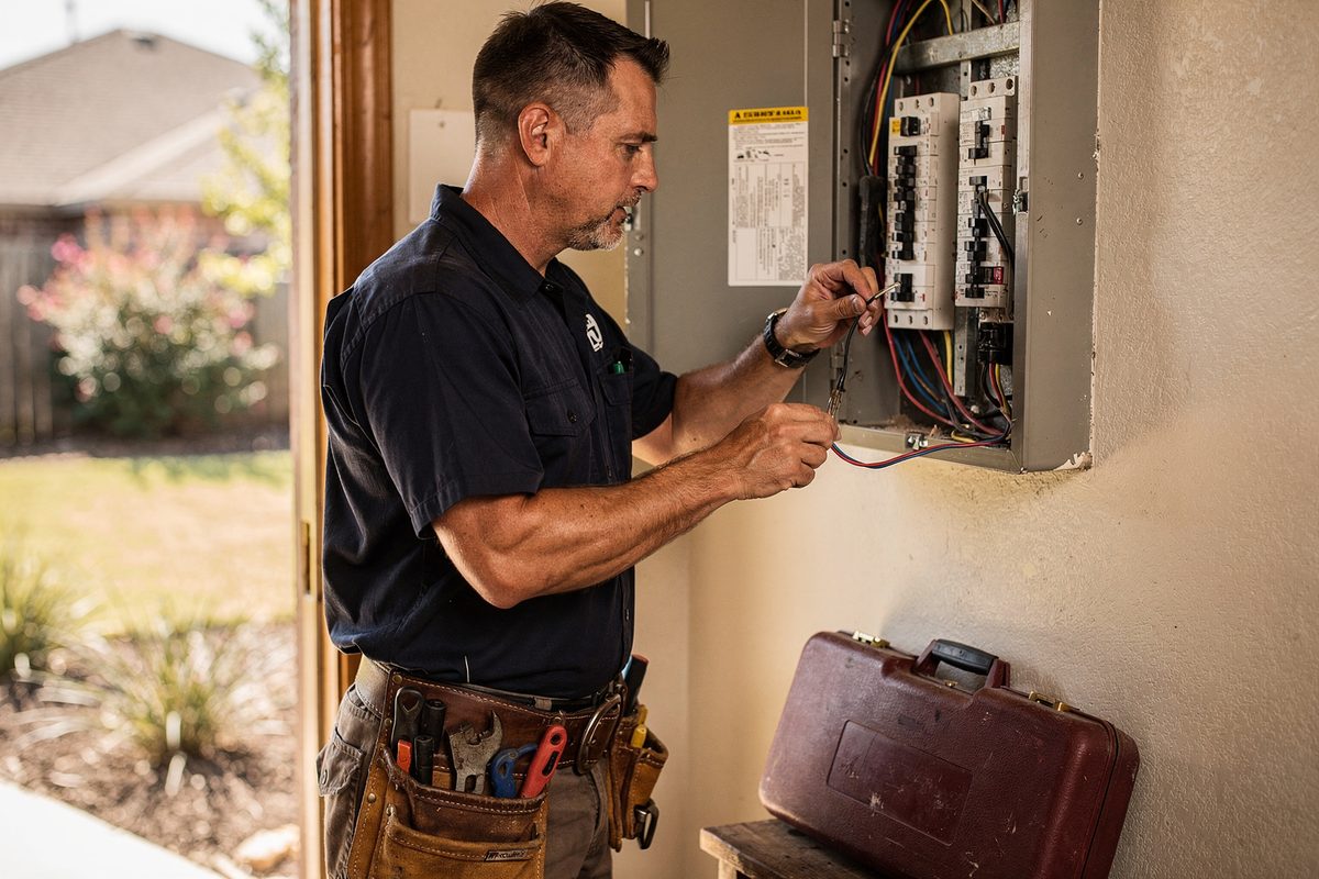 Electrician stripping wire at an open breaker panel