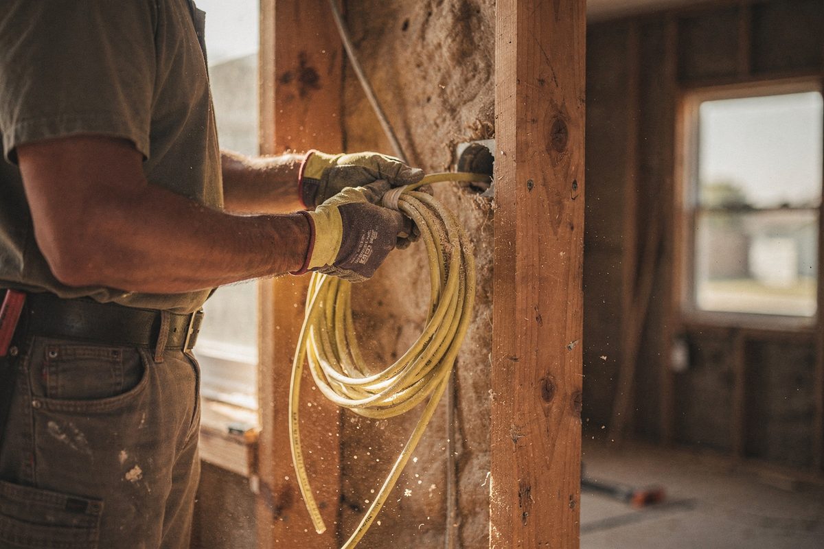 Electrician running new wire through a drilled wall stud